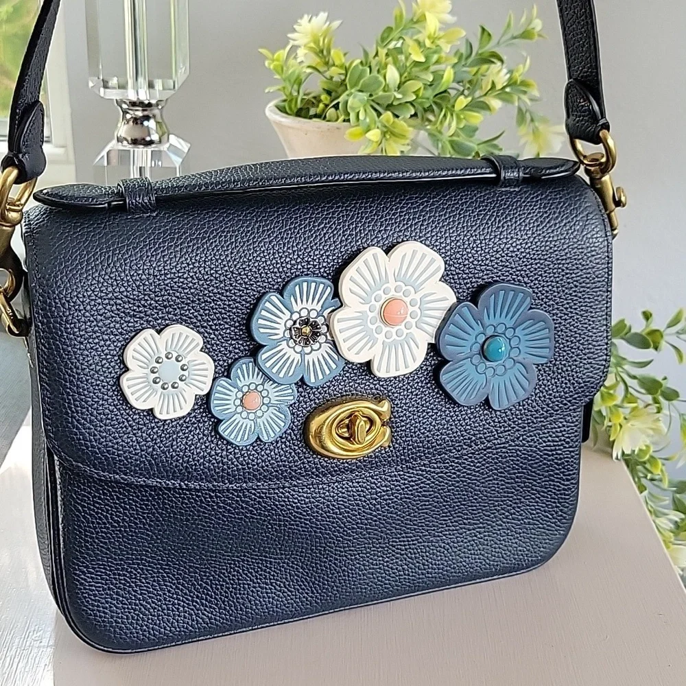 Navy Floral Appliqué Leather Shoulder Bag - Picture 2 of 15